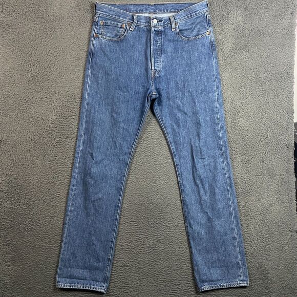 Levis Jeans Mens 34x34 Blue 501 Straight Fit Medium Wash Denim Button Fly Casual - Picture 1 of 16